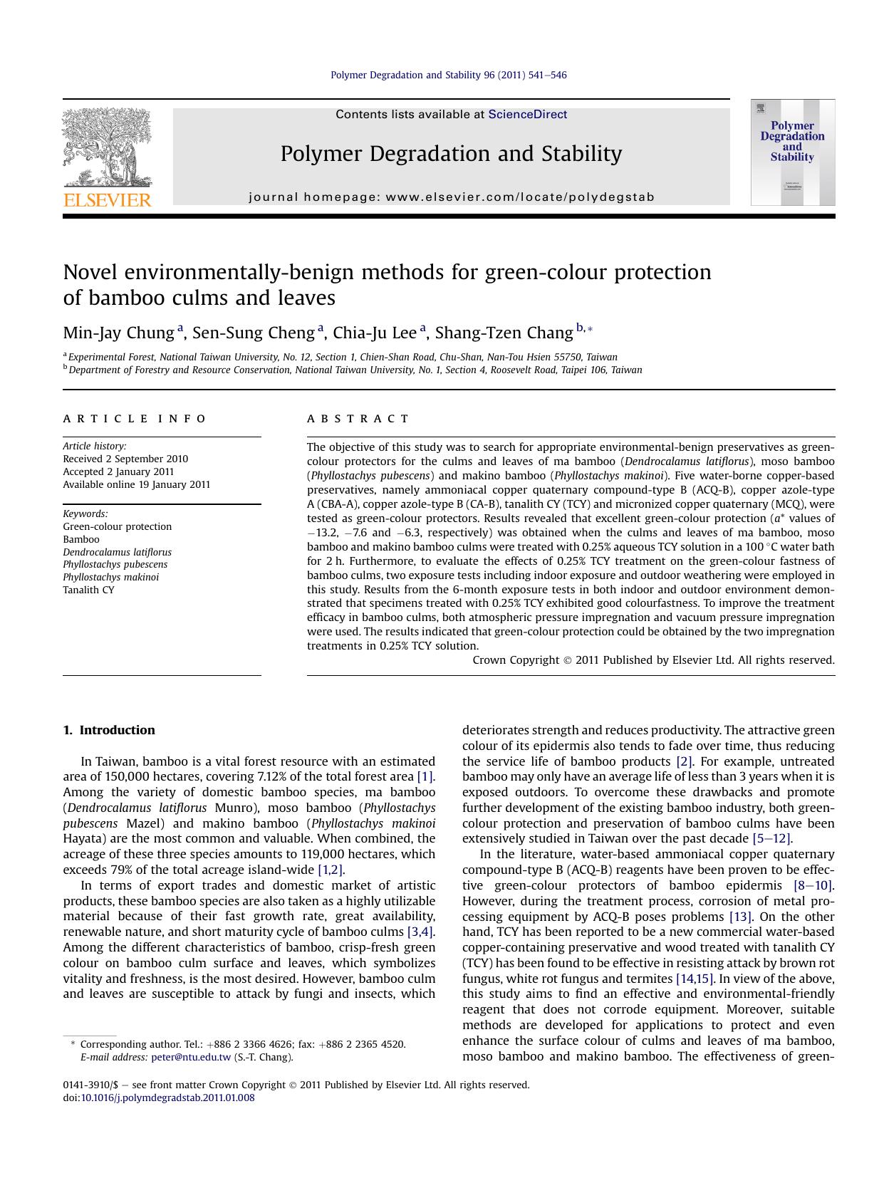 Novel environmentally-benign methods for green-colour protection of bamboo culms and leaves by Min-Jay Chung & Sen-Sung Cheng & Chia-Ju Lee & Shang-Tzen Chang