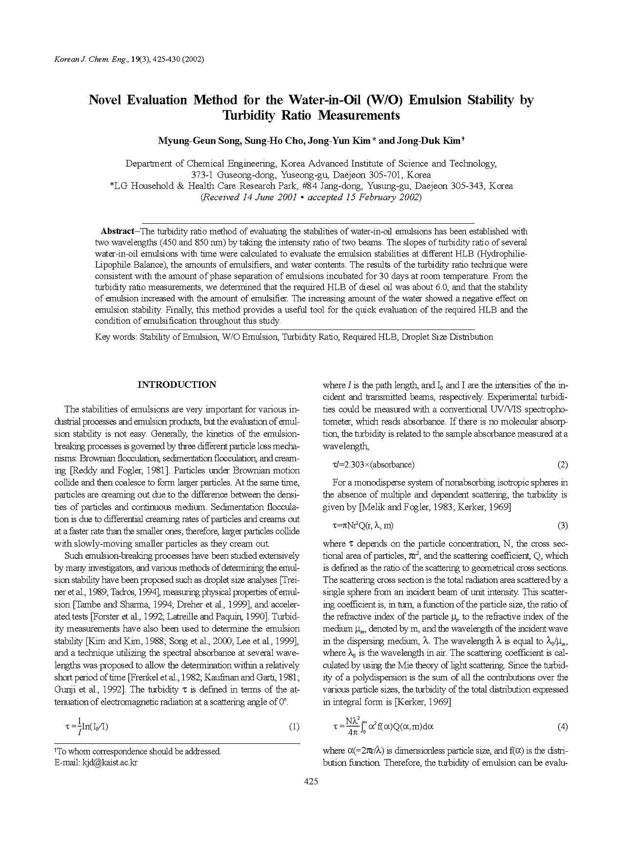 Novel evaluation method for the water- in- oil (WO) emulsion stability by Turbidity Ratio Measurements by Unknown