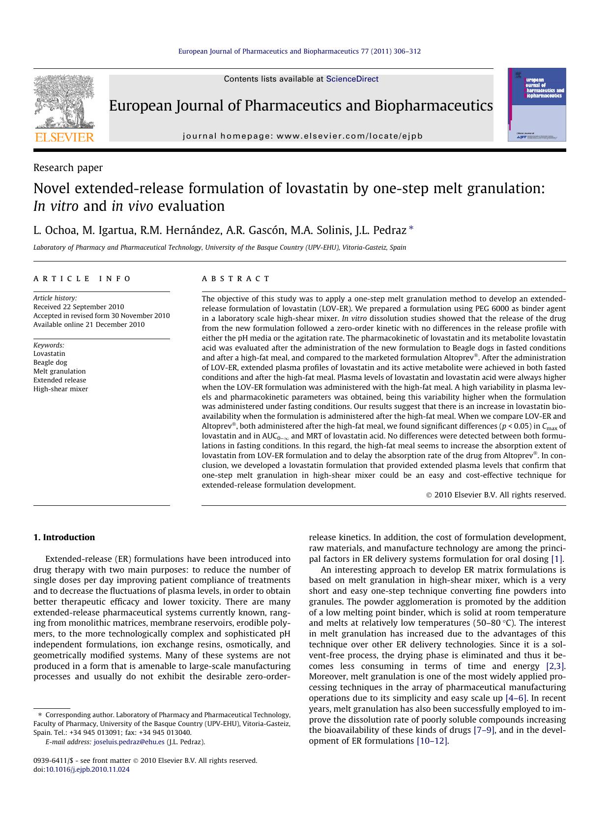 Novel extended-release formulation of lovastatin by one-step melt granulation: In vitro and in vivo evaluation by L. Ochoa & M. Igartua & R.M. Hernández & A.R. Gascón & M.A. Solinis & J.L. Pedraz