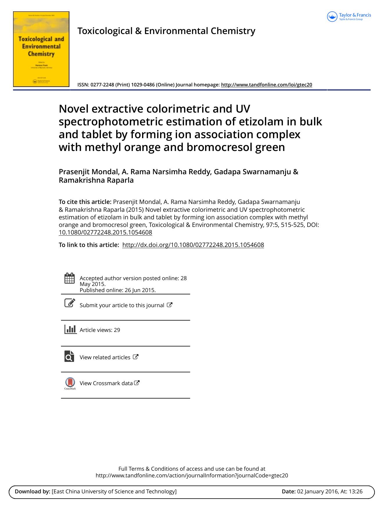 Novel extractive colorimetric and UV spectrophotometric estimation of etizolam in bulk and tablet by forming ion association complex with methyl orange and bromocresol green by Prasenjit Mondal