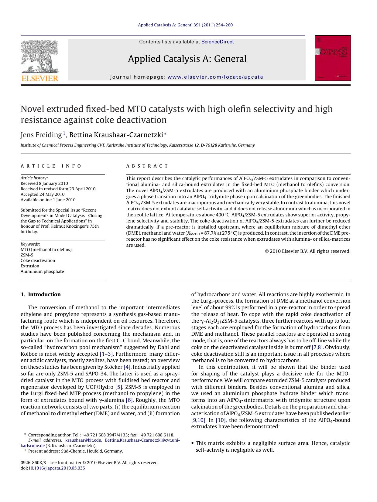 Novel extruded fixed-bed MTO catalysts with high olefin selectivity and high resistance against coke deactivation by Jens Freiding & Bettina Kraushaar-Czarnetzki