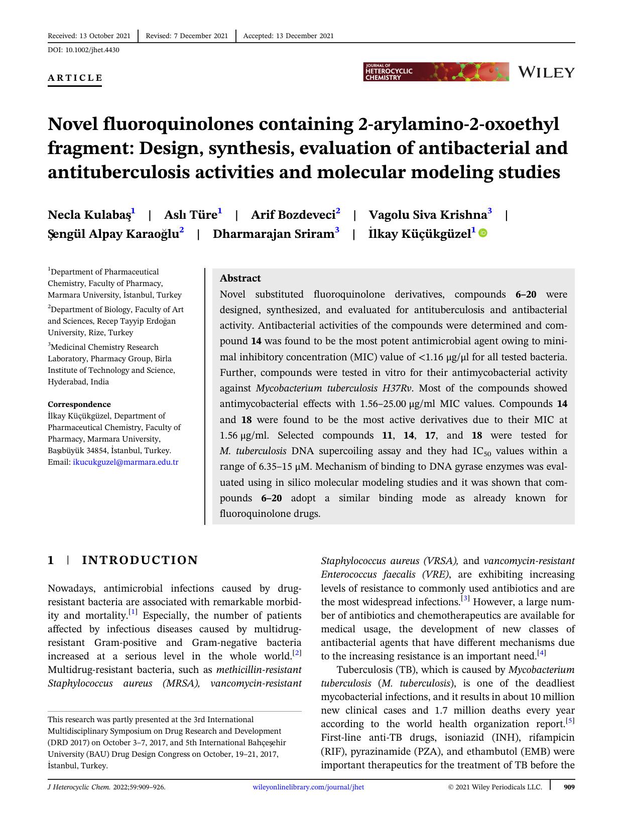 Novel fluoroquinolones containing 2-arylamino-2-oxoethyl fragment: Design, synthesis, evaluation of antibacterial and antituberculosis activities and molecular modeling studies by Unknown