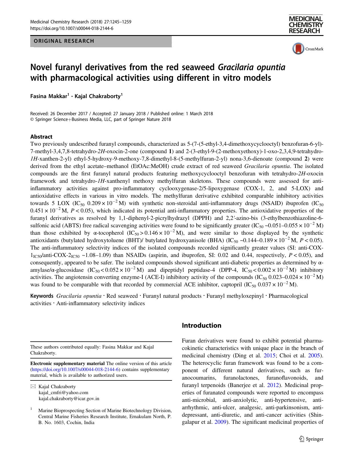 Novel furanyl derivatives from the red seaweed Gracilaria opuntia with pharmacological activities using different in vitro models by Fasina Makkar & Kajal Chakraborty