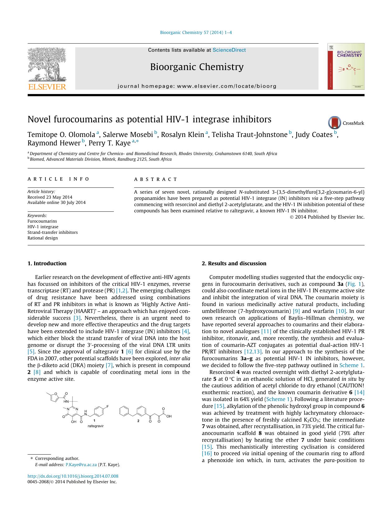 Novel furocoumarins as potential HIV-1 integrase inhibitors by unknow