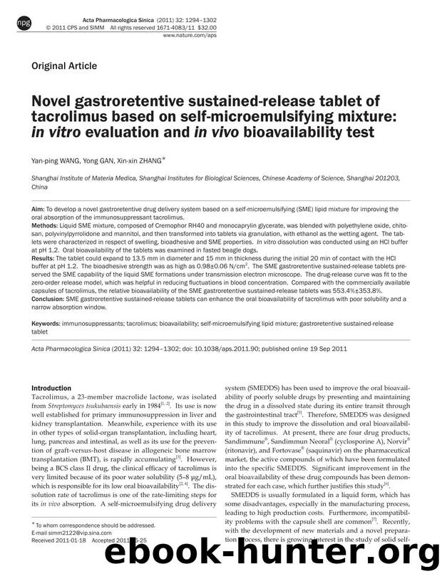 Novel gastroretentive sustained-release tablet of tacrolimus based on self-microemulsifying mixture: in vitro evaluation and in vivo bioavailability test by Yan-ping Wang & Yong Gan & Xin-xin Zhang