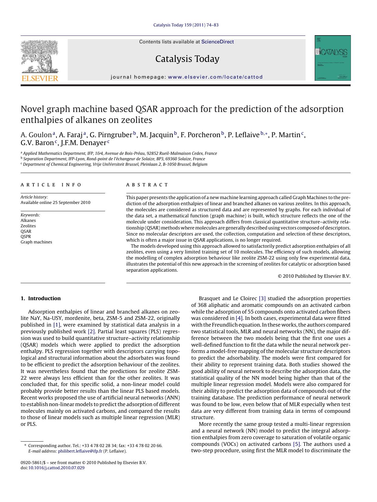 Novel graph machine based QSAR approach for the prediction of the adsorption enthalpies of alkanes on zeolites by A. Goulon