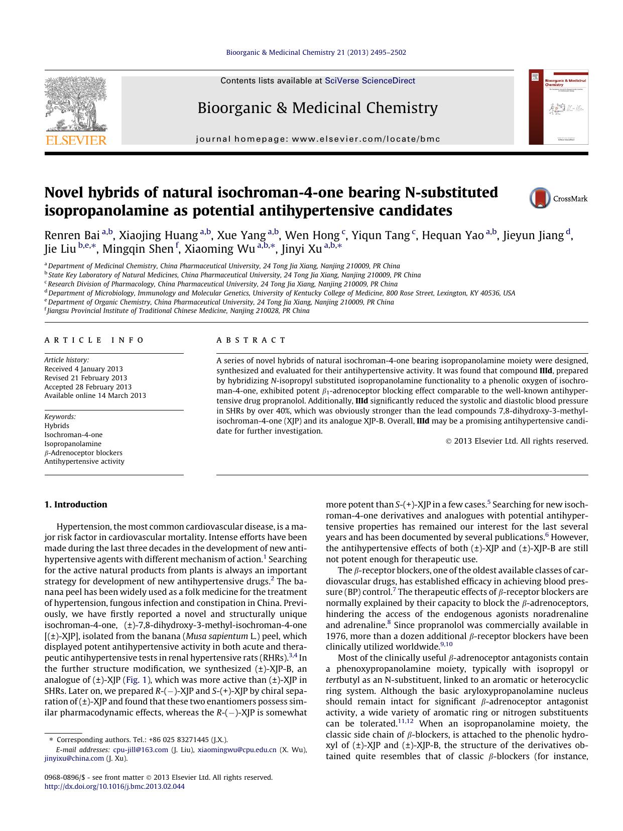 Novel hybrids of natural isochroman-4-one bearing N-substituted isopropanolamine as potential antihypertensive candidates by unknow
