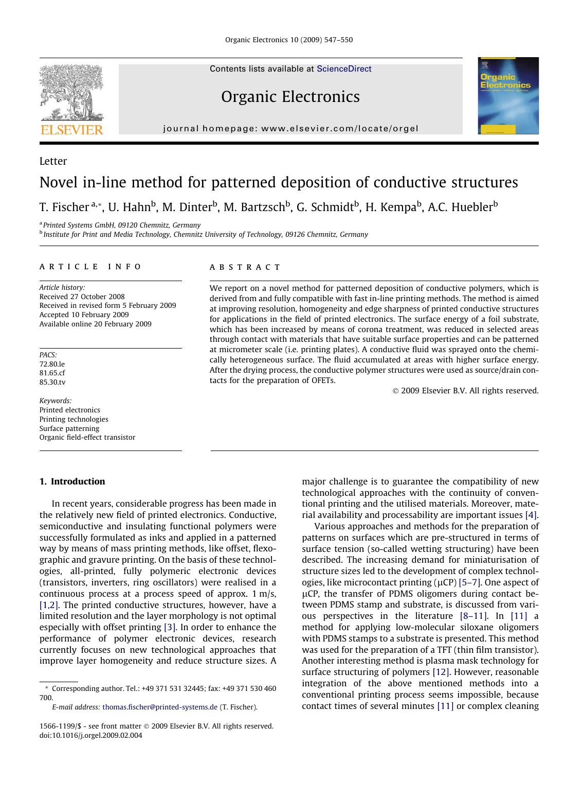 Novel in-line method for patterned deposition of conductive structures by T. Fischer; U. Hahn; M. Dinter; M. Bartzsch; G. Schmidt; H. Kempa; A.C. Huebler