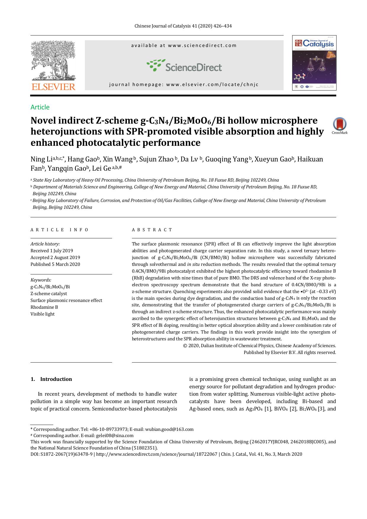 Novel indirect Z-scheme g-C3N4Bi2MoO6Bi hollow microsphere heterojunctions with SPR-promoted visible absorption and highly enhanced photocatalytic performance by unknow