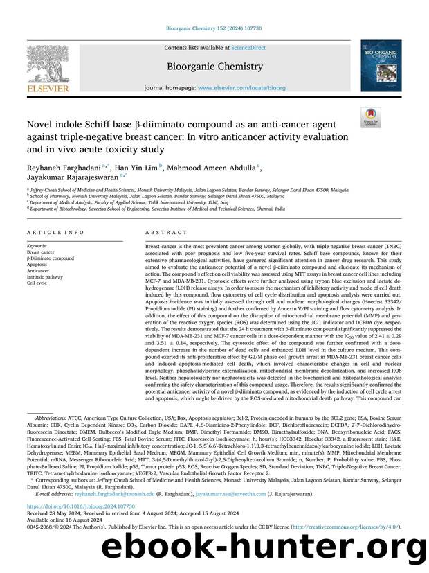 Novel indole Schiff base ï¿½ï¿½-diiminato compound as an anti-cancer agent against triple-negative breast cancer: In vitro anticancer activity evaluation and in vivo acute toxicity study by Reyhaneh Farghadani & Han Yin Lim & Mahmood Ameen Abdulla & Jayakumar Rajarajeswaran