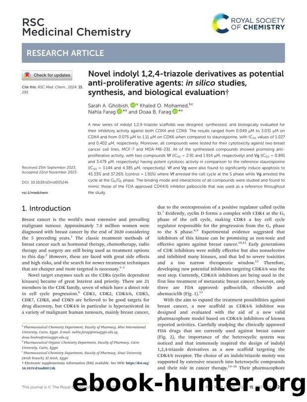 Novel indolyl 1,2,4-triazole derivatives as potential anti-proliferative agents: in silico studies, synthesis, and biological evaluation by Sarah A. Ghobish & Khaled O. Mohamed & Nahla Farag & Doaa B. Farag