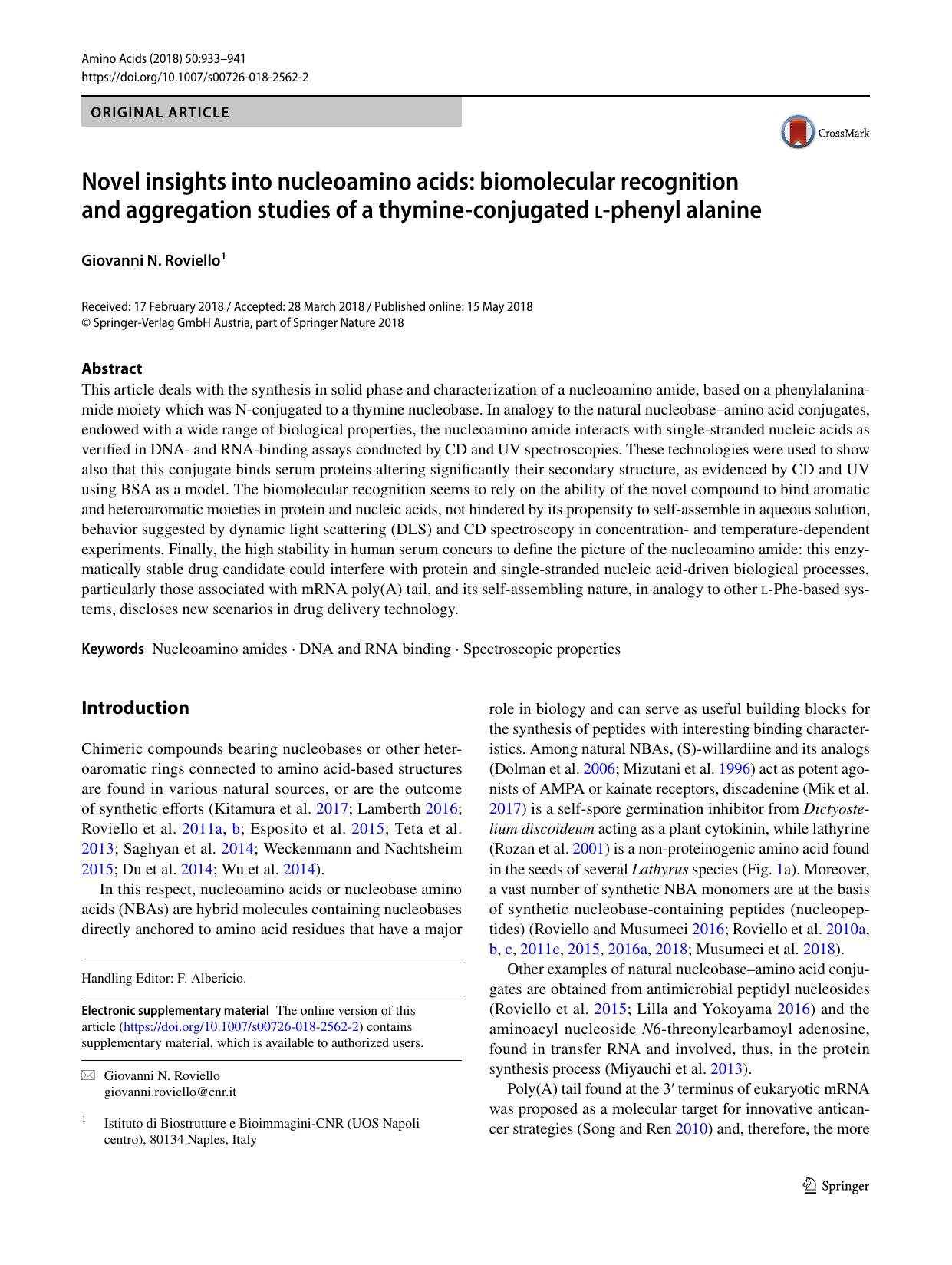 Novel insights into nucleoamino acids: biomolecular recognition and aggregation studies of a thymine-conjugated l-phenyl alanine by Giovanni N. Roviello