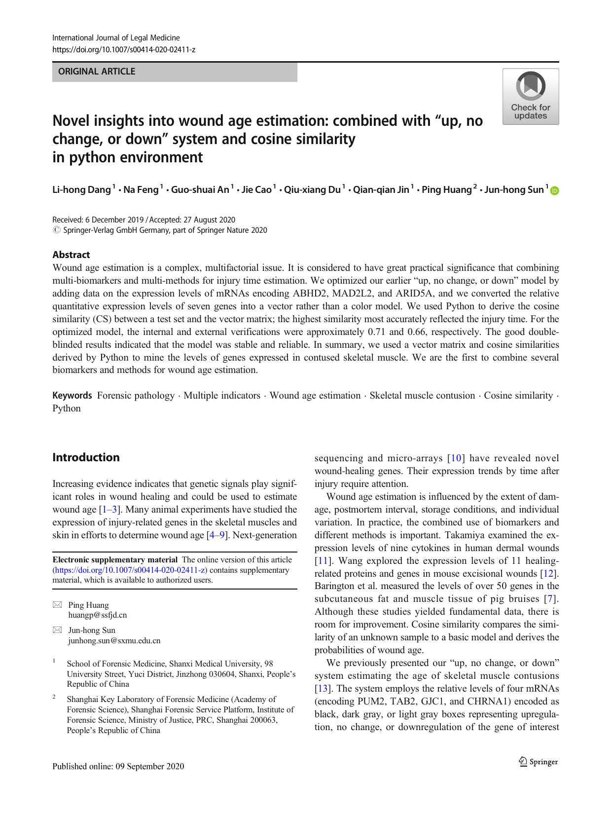 Novel insights into wound age estimation: combined with âup, no change, or downâ system and cosine similarity in python environment by unknow