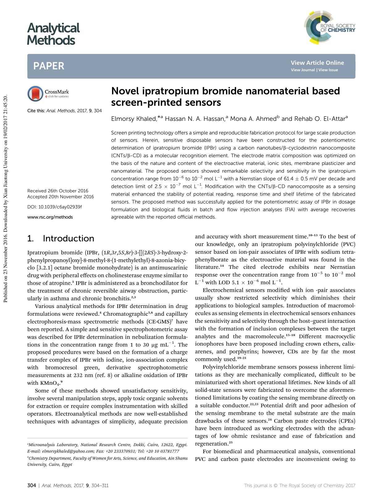 Novel ipratropium bromide nanomaterial based screen-printed sensors by Elmorsy Khaled & Hassan N. A. Hassan & Mona A. Ahmed & Rehab O. El-Attar