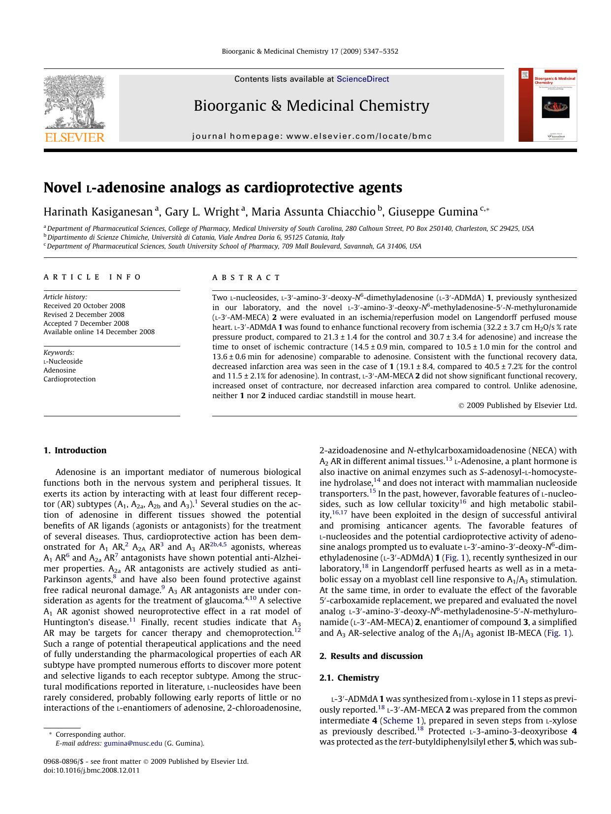 Novel l-adenosine analogs as cardioprotective agents by Harinath Kasiganesan; Gary L. Wright; Maria Assunta Chiacchio; Giuseppe Gumina