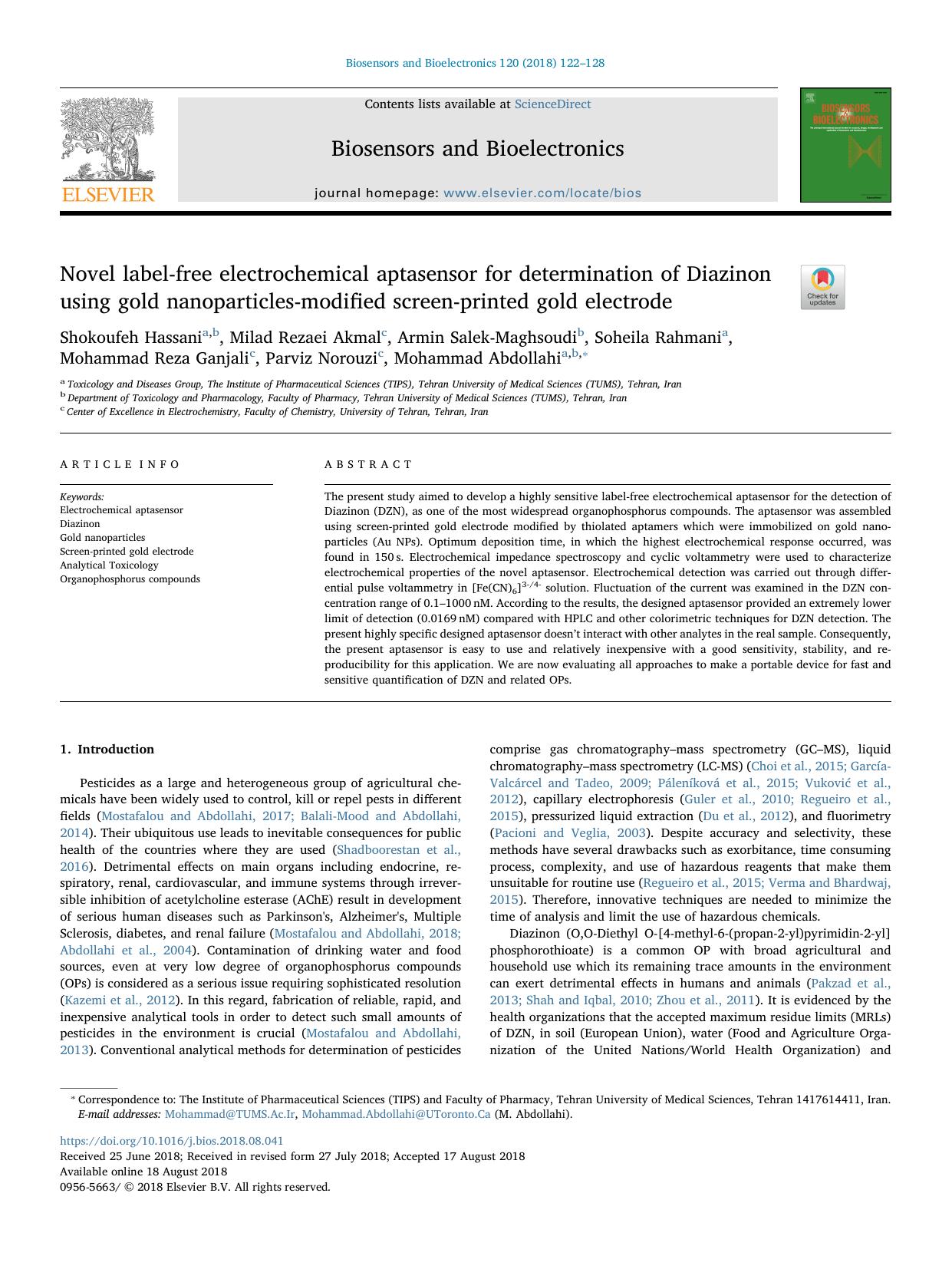 Novel label-free electrochemical aptasensor for determination of Diazinon using gold nanoparticles-modified screen-printed gold electrode by unknow