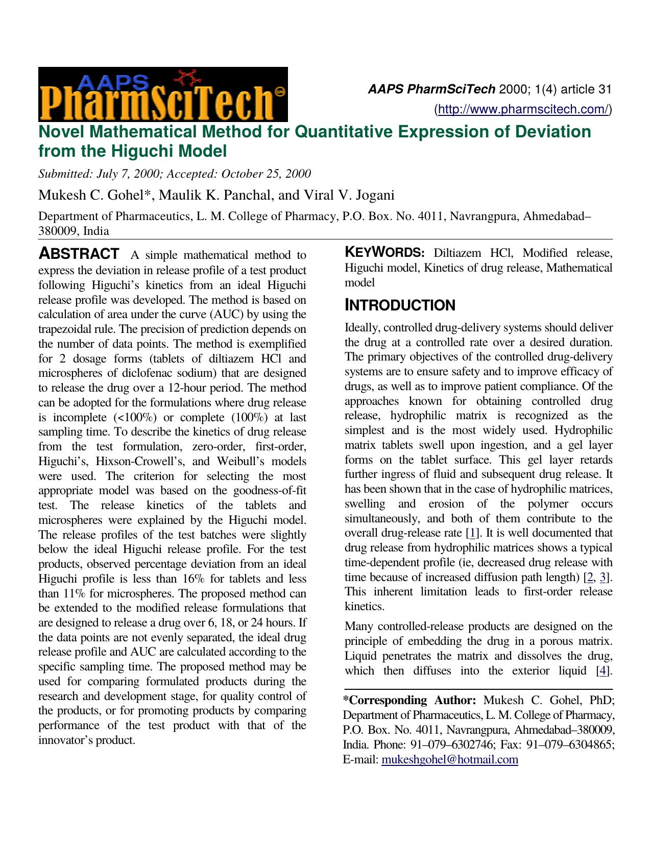 Novel mathematical method for quantitative expression of deviation from the Higuchi model by Unknown