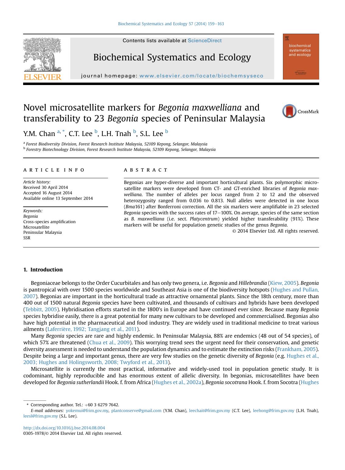 Novel microsatellite markers for Begonia maxwelliana and transferability to 23 Begonia species of Peninsular Malaysia by Y.M. Chan & C.T. Lee & L.H. Tnah & S.L. Lee