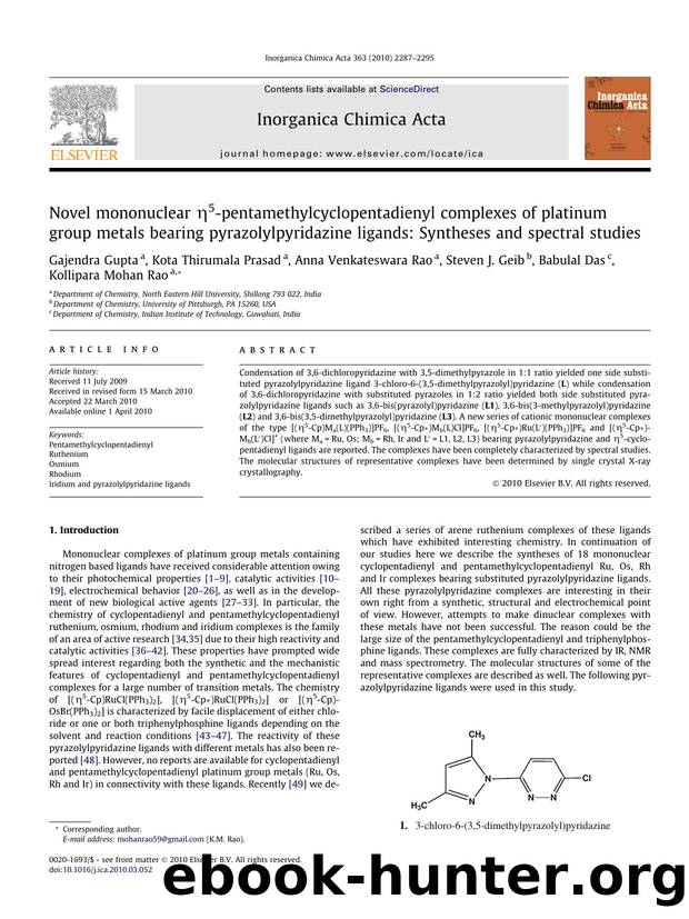 Novel mononuclear Î·5-pentamethylcyclopentadienyl complexes of platinum group metals bearing pyrazolylpyridazine ligands: Syntheses and spectral studies by unknow