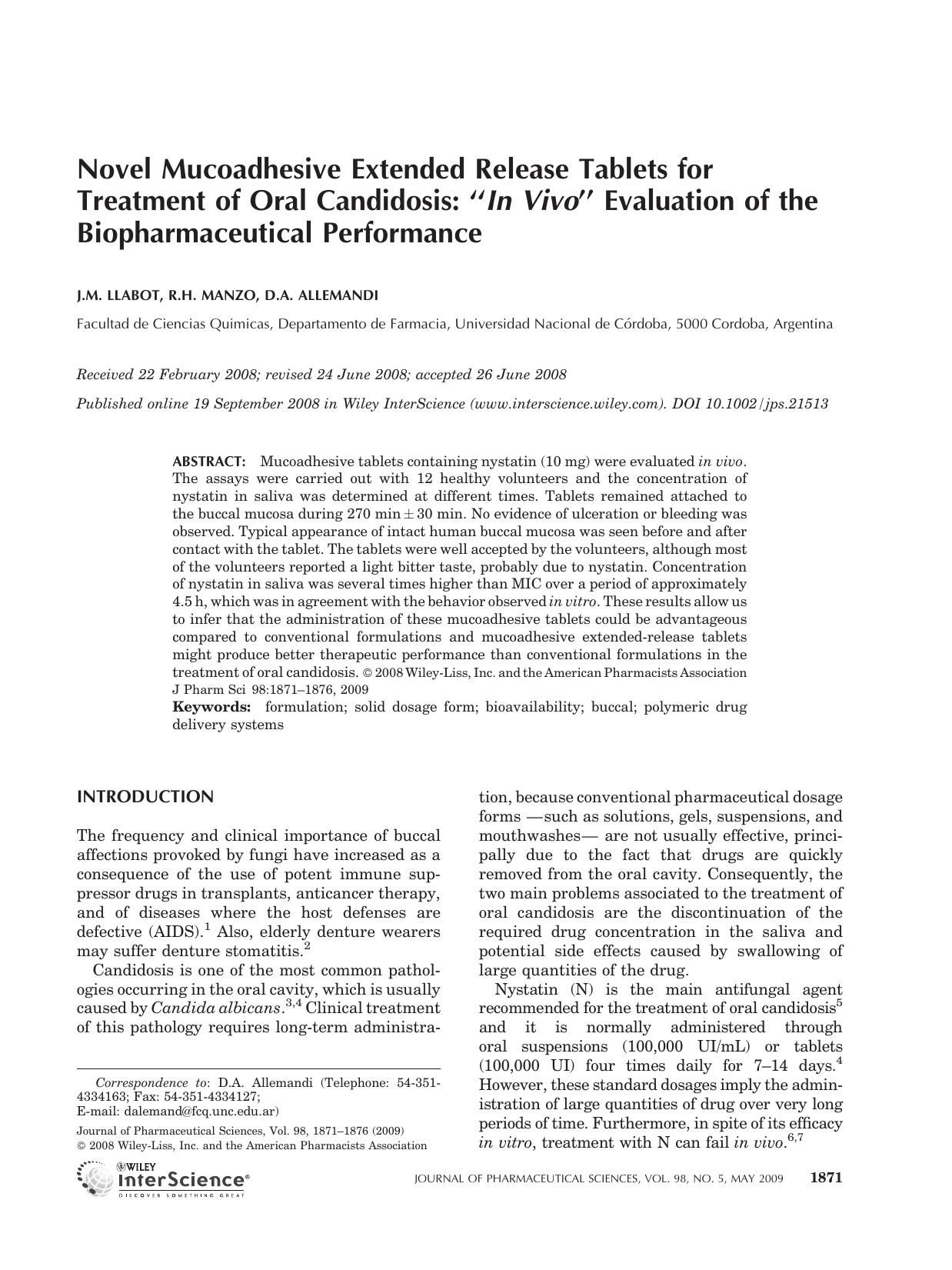 Novel mucoadhesive extended release tablets for treatment of oral candidosis: "In vivo" evaluation of the biopharmaceutical performance by Unknown