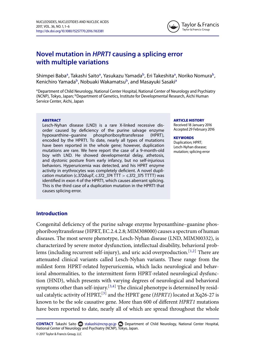Novel mutation in HPRT1 causing a splicing error with multiple variations by unknow