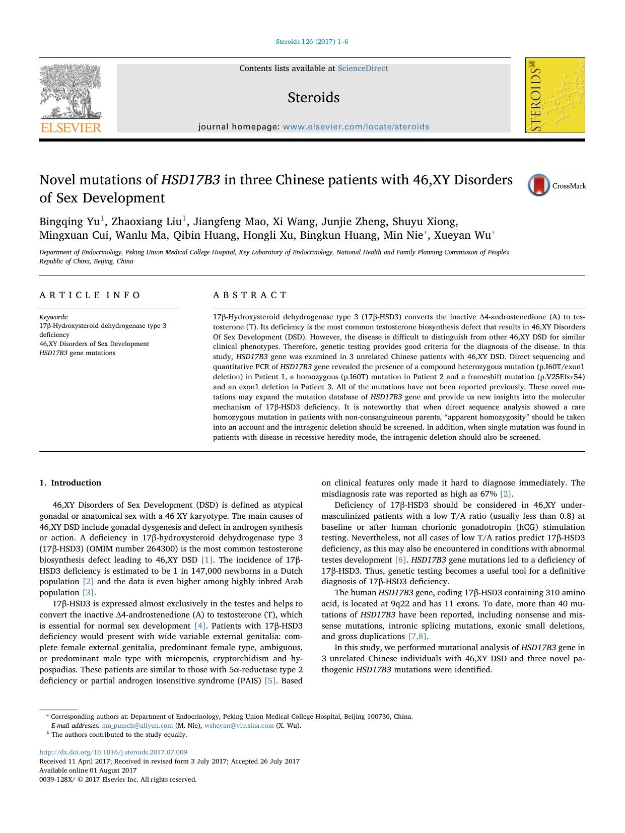 Novel mutations of HSD17B3 in three Chinese patients with 46,XY Disorders of Sex Development by unknow