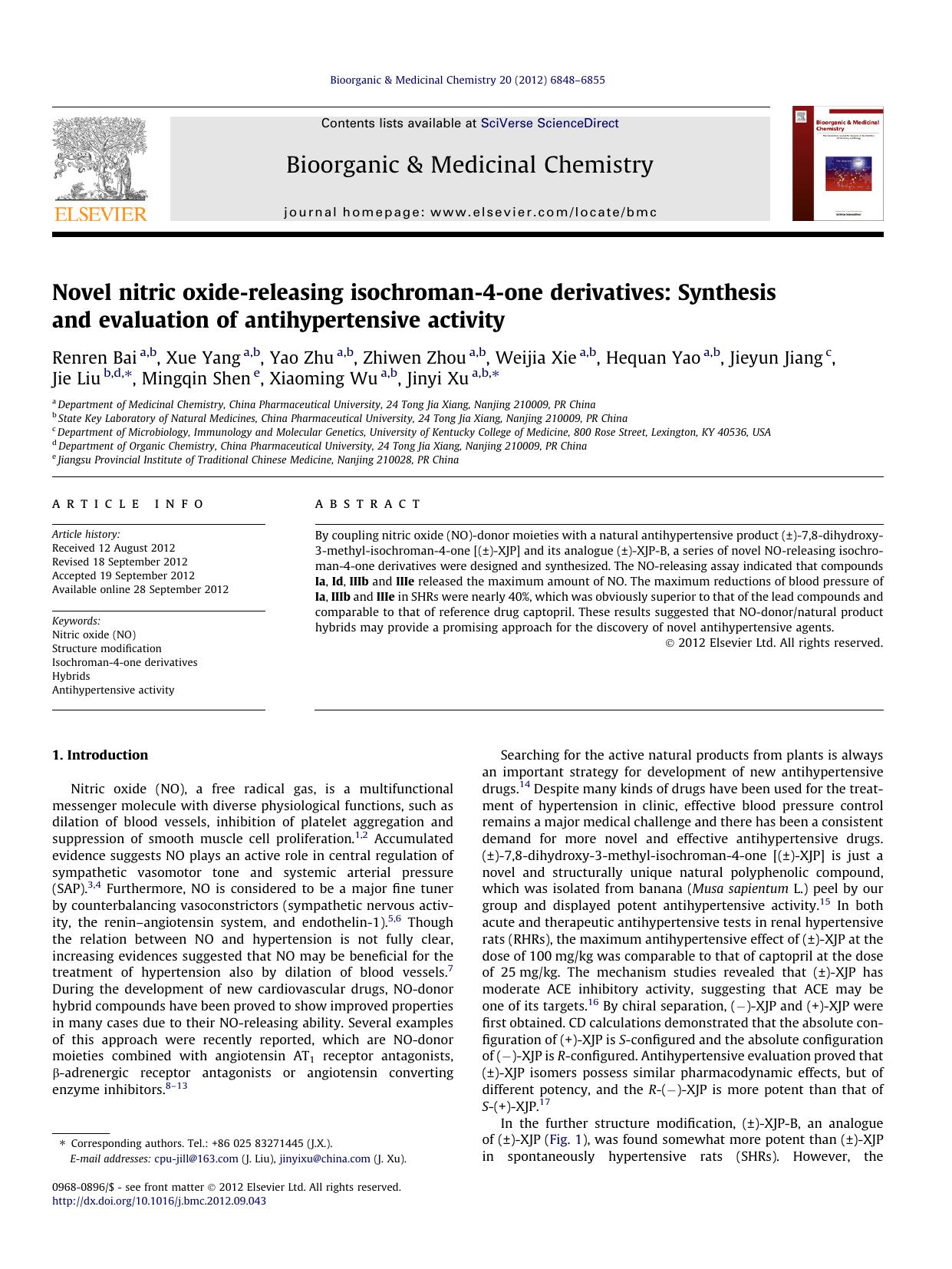 Novel nitric oxide-releasing isochroman-4-one derivatives: Synthesis and evaluation of antihypertensive activity by unknow