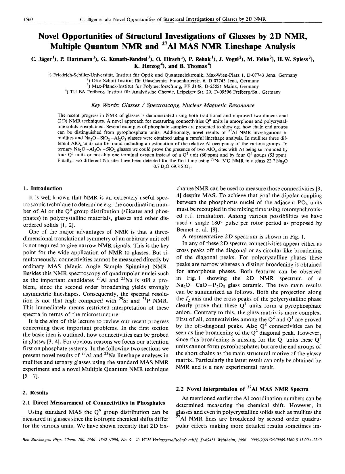 Novel opportunities of structural investigations of glasses by 2D NMR, multiple quantum NMR and 27Al MAS NMR lineshape analysis by Unknown