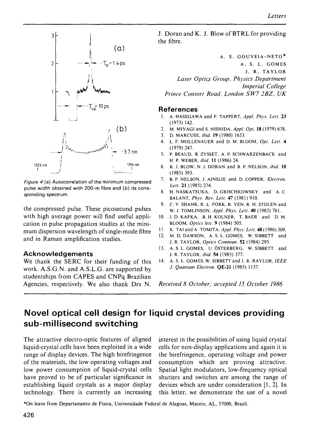 Novel optical cell design for liquid crystal devices providing sub-millisecond switching by Unknown