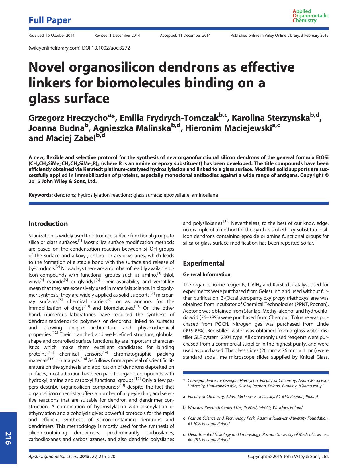 Novel organosilicon dendrons as effective linkers for biomolecules binding on a glass surface by unknow