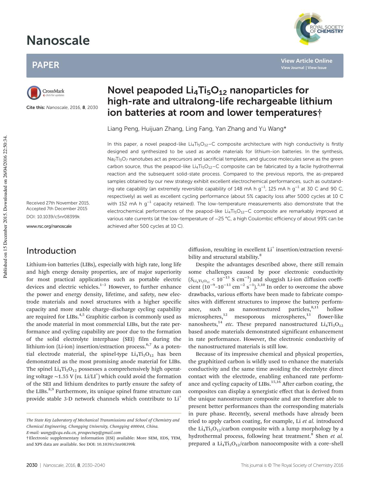 Novel peapoded Li4Ti5O12 nanoparticles for high-rate and ultralong-life rechargeable lithium ion batteries at room and lower temperatures by Liang Peng Huijuan Zhang Ling Fang Yan Zhang Yu Wang