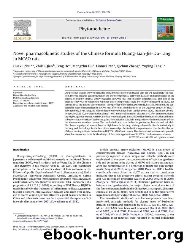 Novel pharmacokinetic studies of the Chinese formula Huang-Lian-Jie-Du-Tang in MCAO rats by Huaxu Zhu & Zhilei Qian & Feng He & Mengzhu Liu & Linmei Pan & Qichun Zhang & Yuping Tang
