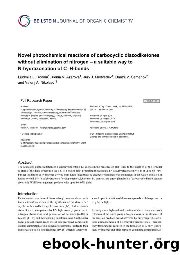 Novel photochemical reactions of carbocyclic diazodiketones without elimination of nitrogen â a suitable way to N-hydrazonation of CâH-bonds by Liudmila L. Rodina Xenia V. Azarova Jury J. Medvedev Dmitrij V. Semenok Valerij A. Nikolaev
