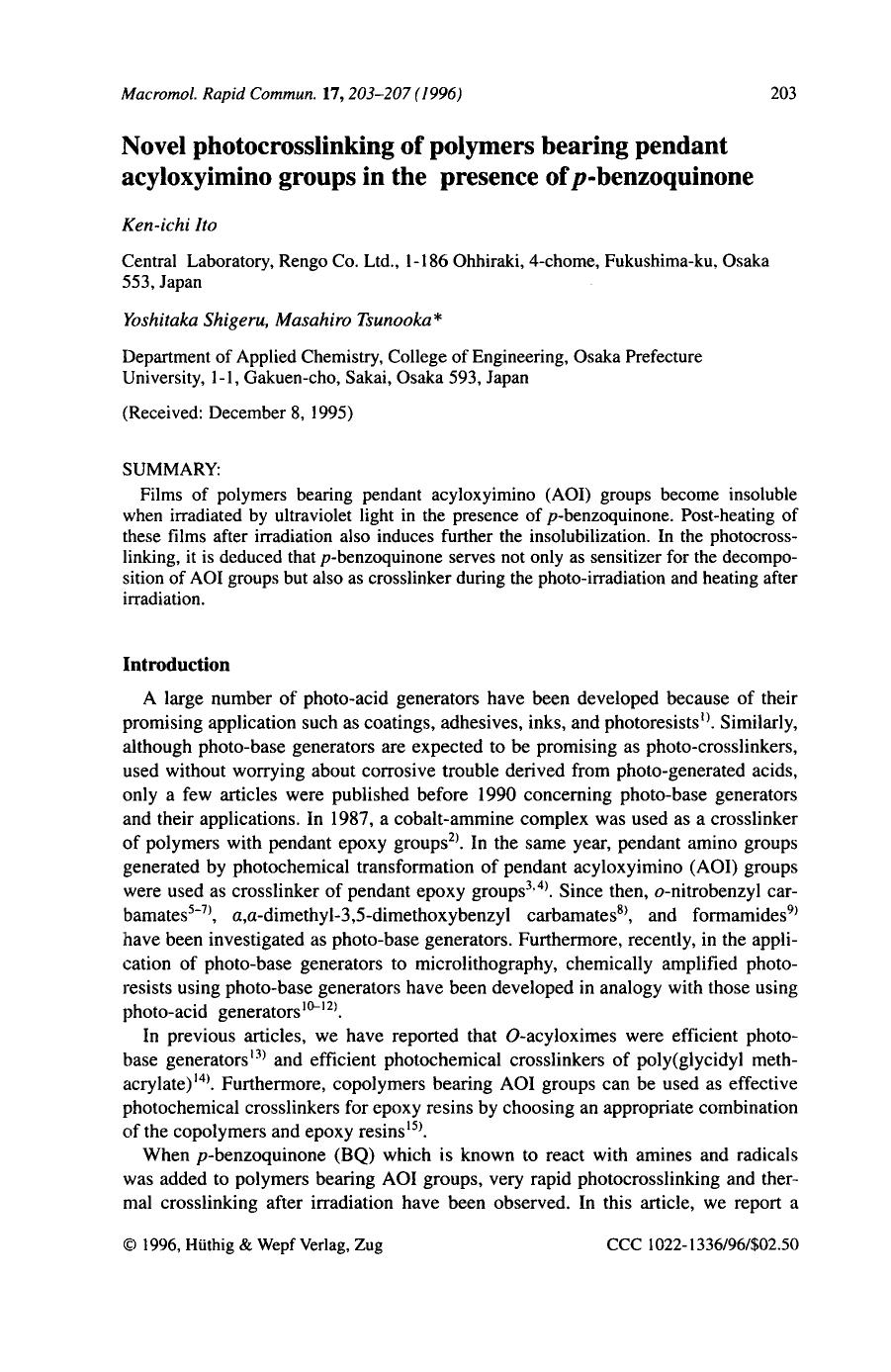 Novel photocrosslinking of polymers bearing pendant acyloxyimino groups in the presence of p-benzoquinone by Unknown