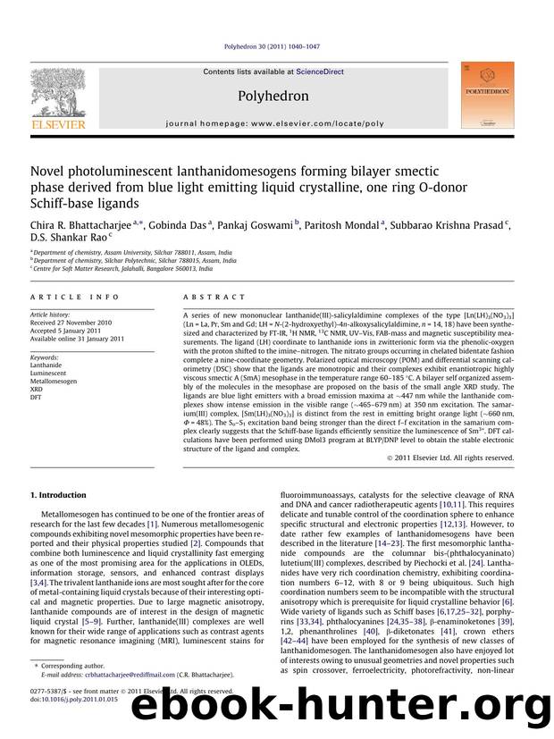 Novel photoluminescent lanthanidomesogens forming bilayer smectic phase derived from blue light emitting liquid crystalline, one ring O-donor Schiff-base ligands by unknow