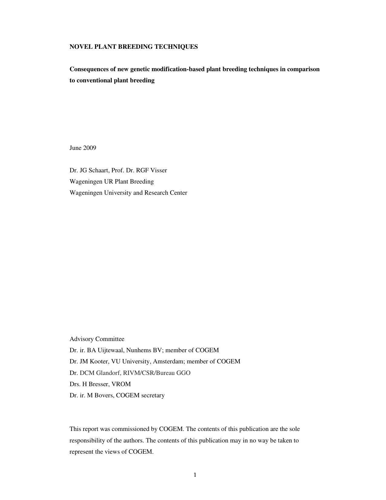 Novel plant breeding techniques by Schaart J.G. Visser RGF