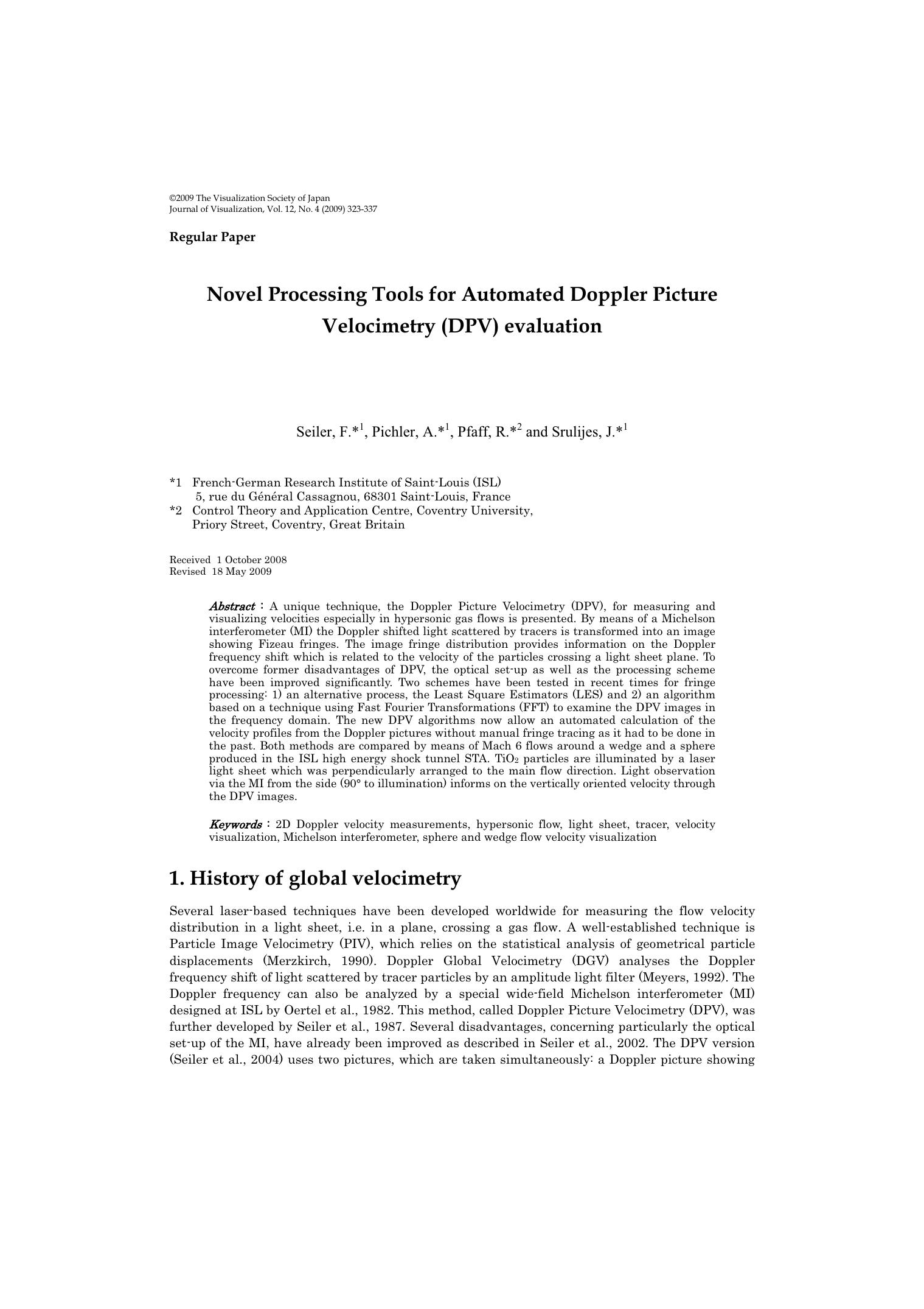 Novel processing tools for automated doppler picture veocimetry (DPV) evaluation by Unknown