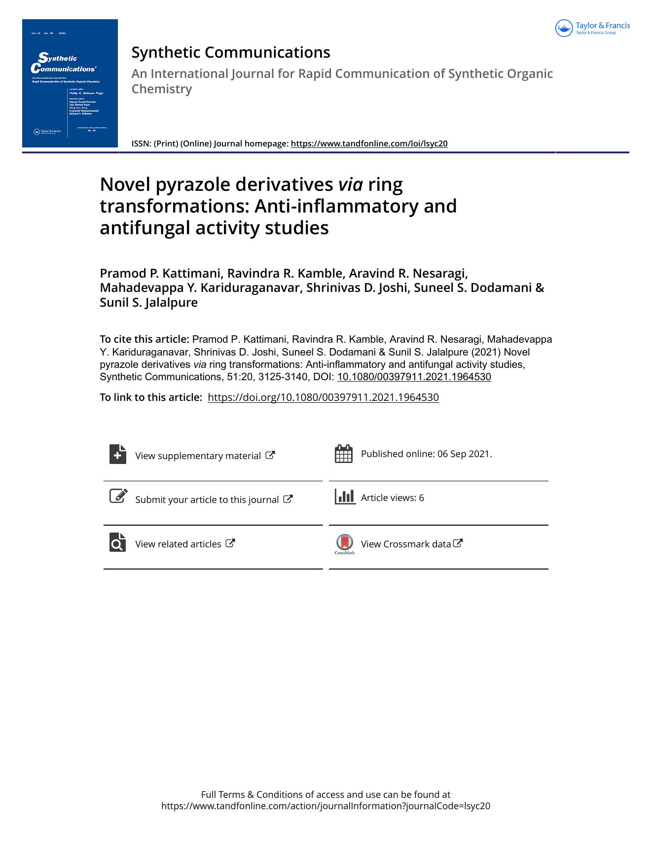 Novel pyrazole derivatives via ring transformations: Anti-inflammatory and antifungal activity studies by unknow