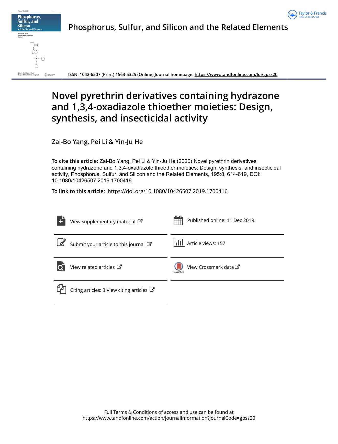 Novel pyrethrin derivatives containing hydrazone and 1,3,4-oxadiazole thioether moieties: Design, synthesis, and insecticidal activity by Yang Zai-Bo & Li Pei & He Yin-Ju