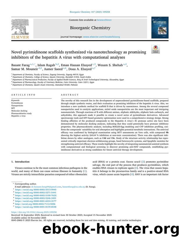 Novel pyrimidinone scaffolds synthesized via nanotechnology as promising inhibitors of the hepatitis A virus with computational analyses by unknow
