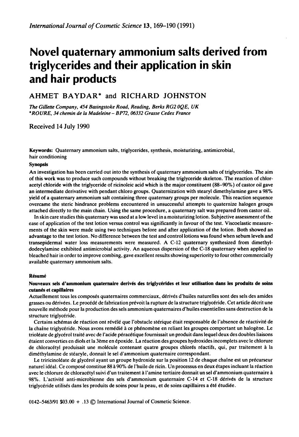 Novel quaternary ammonium salts derived from triglycerides and their application in skin and hair products by Unknown