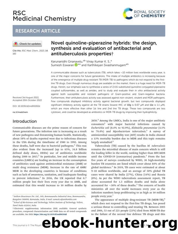 Novel quinoline-piperazine hybrids: the design, synthesis and evaluation of antibacterial and antituberculosis properties by Karunanidhi Gnanavelu & Vinay Kumar K. S. & Sumesh Eswaran & Karthikeyan Sivashanmugam