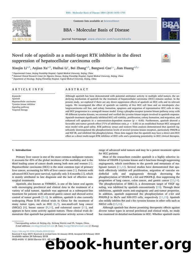 Novel role of apatinib as a multi-target RTK inhibitor in the direct suppression of hepatocellular carcinoma cells by Xiaojin Li & Anjian Xu & Huihui Li & Bei Zhang & Bangwei Cao & Jian Huang
