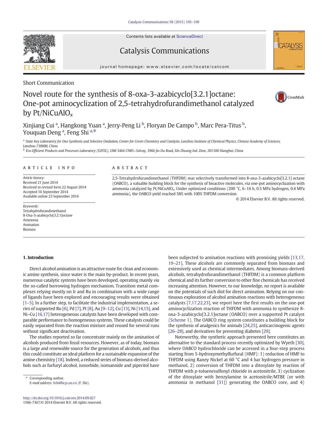 Novel route for the synthesis of 8-oxa-3-azabicyclo[3.2.1]octane: One-pot aminocyclization of 2,5-tetrahydrofurandimethanol catalyzed by PtNiCuAlOx by unknow