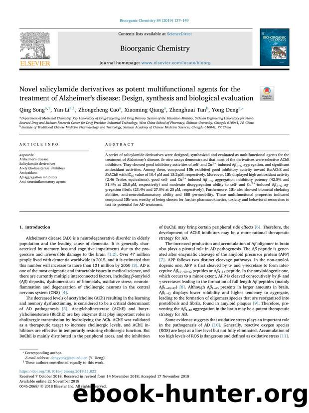 Novel salicylamide derivatives as potent multifunctional agents for the treatment of Alzheimer's disease_ Design, synthesis and biological evaluation by Qing Song & Yan Li & Zhongcheng Cao & Xiaoming Qiang & Zhenghuai Tan & Yong Deng