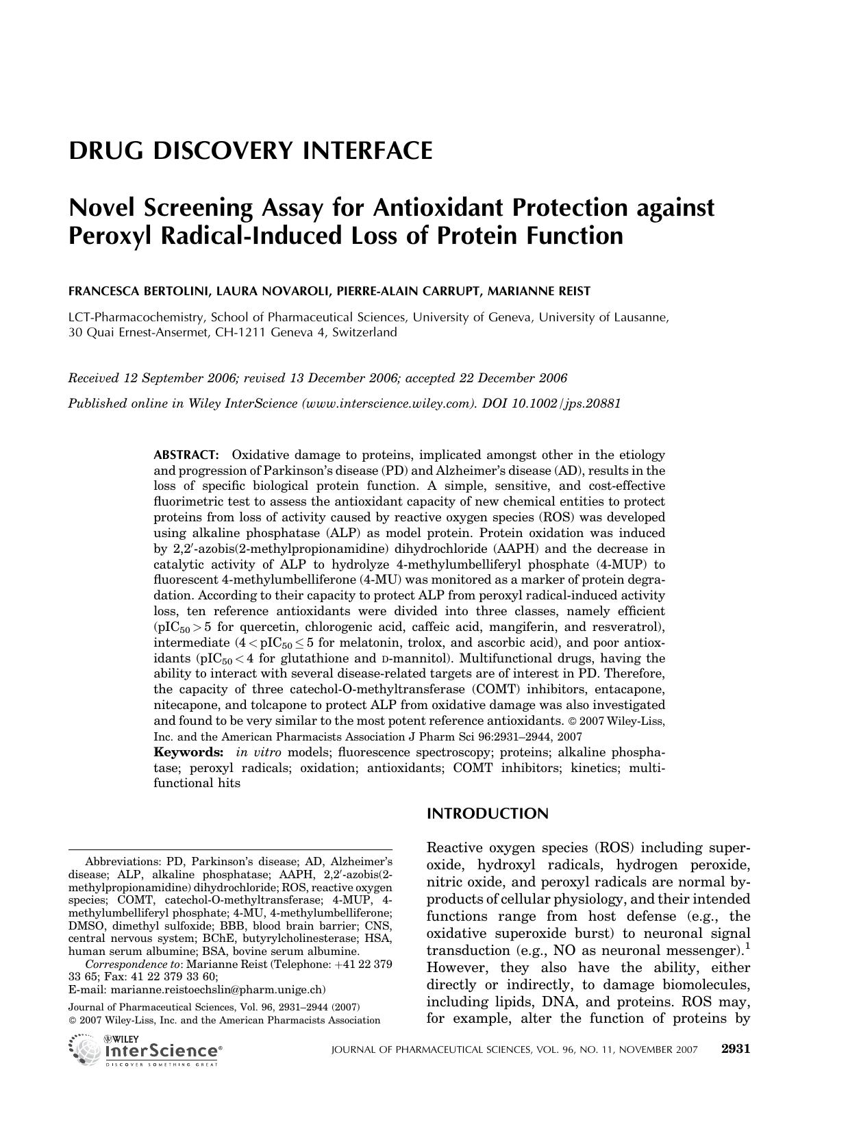 Novel screening assay for antioxidant protection against peroxyl radical-induced loss of protein function by Unknown