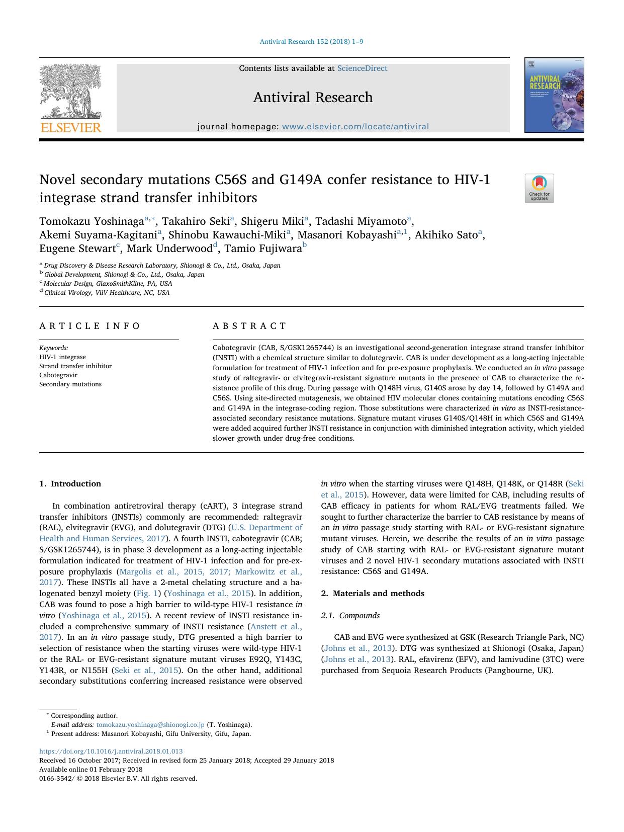 Novel secondary mutations C56S and G149A confer resistance to HIV-1 integrase strand transfer inhibitors by unknow
