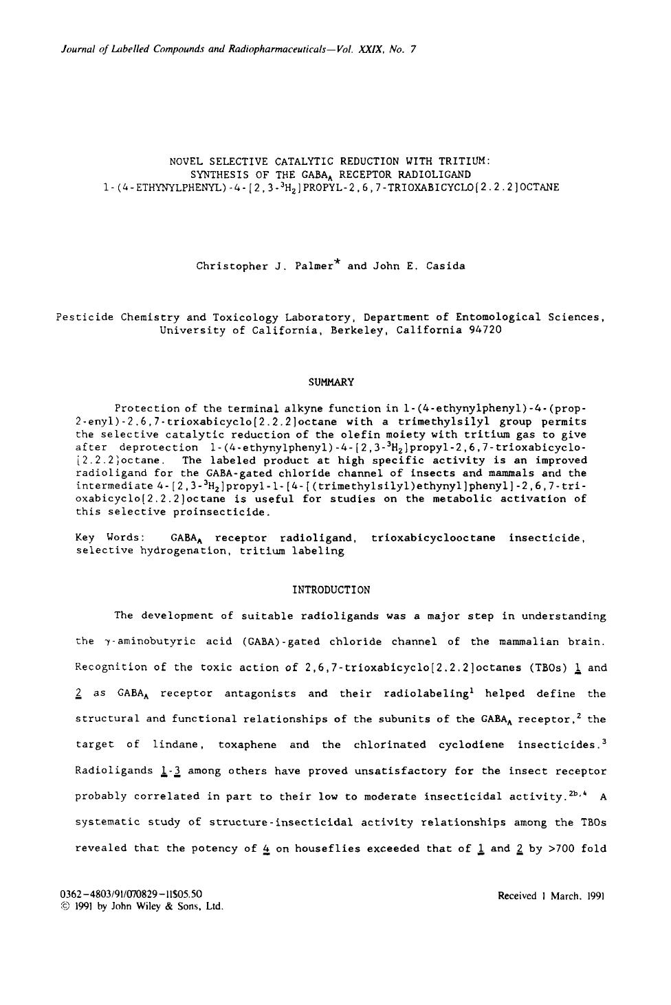 Novel selective catalytic reduction with tritium: Synthesis of the GABAA receptor radioligand 1-(4-ethynylphenyl)-4-[2,3-3H2]propyl-2,6,7-trioxabicyclo[2.2.2]octane by Unknown