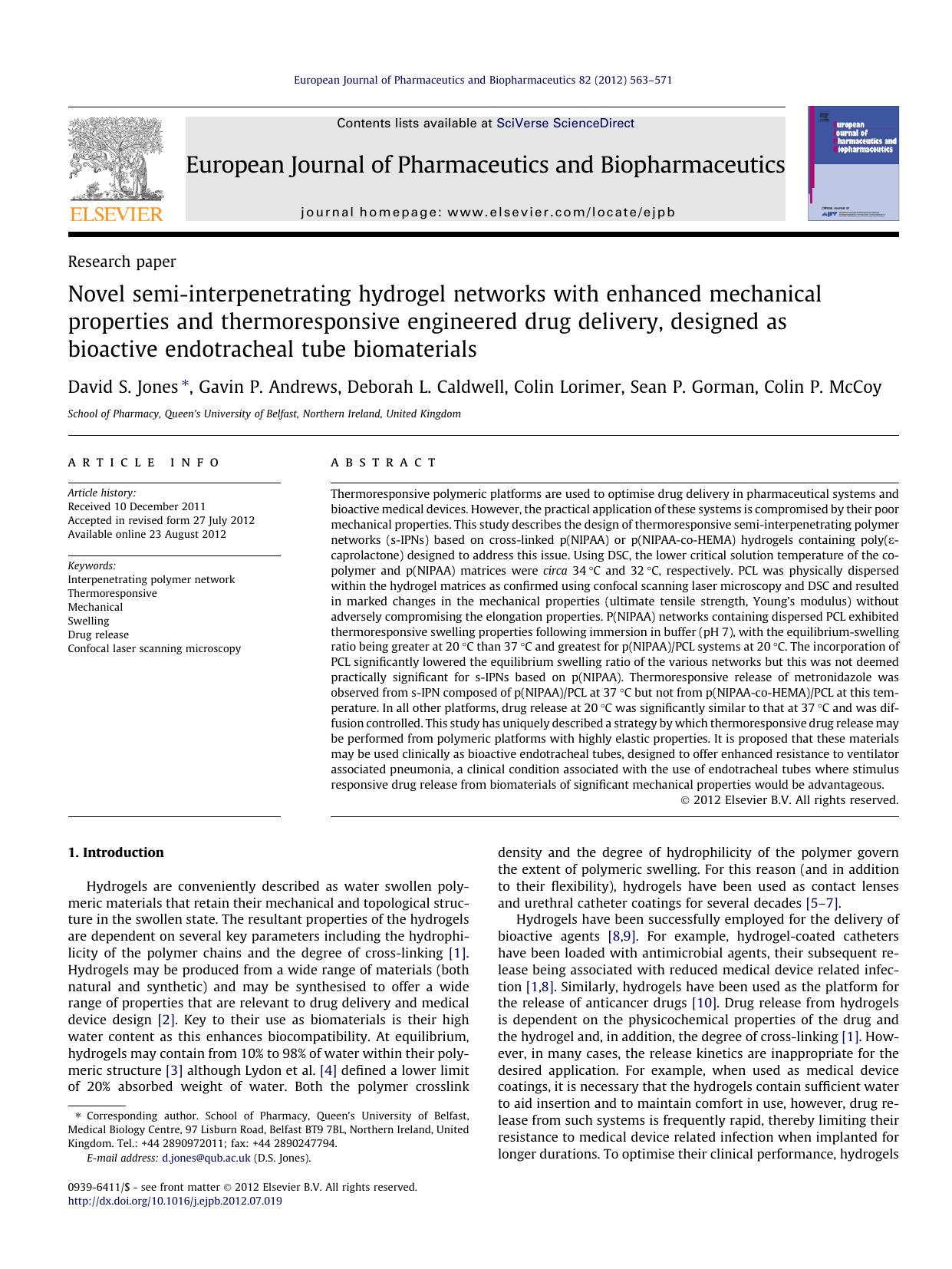 Novel semi-interpenetrating hydrogel networks with enhanced mechanical properties and thermoresponsive engineered drug delivery, designed as bioactive endotracheal tube biomaterials by unknow