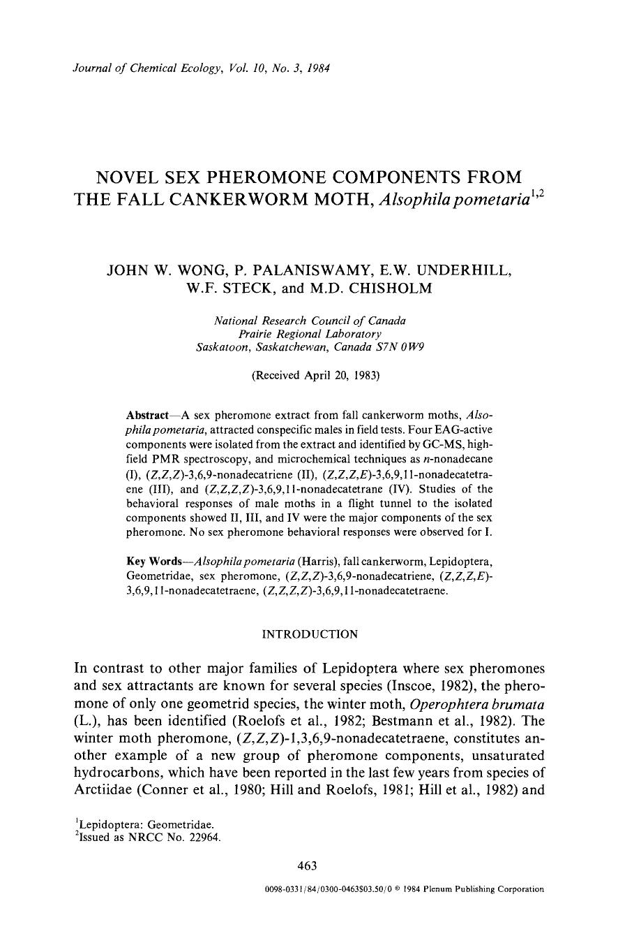Novel sex pheromone components from the fall cankerworm moth, <Emphasis Type="Italic">Alsophila pometaria <Emphasis> by Unknown